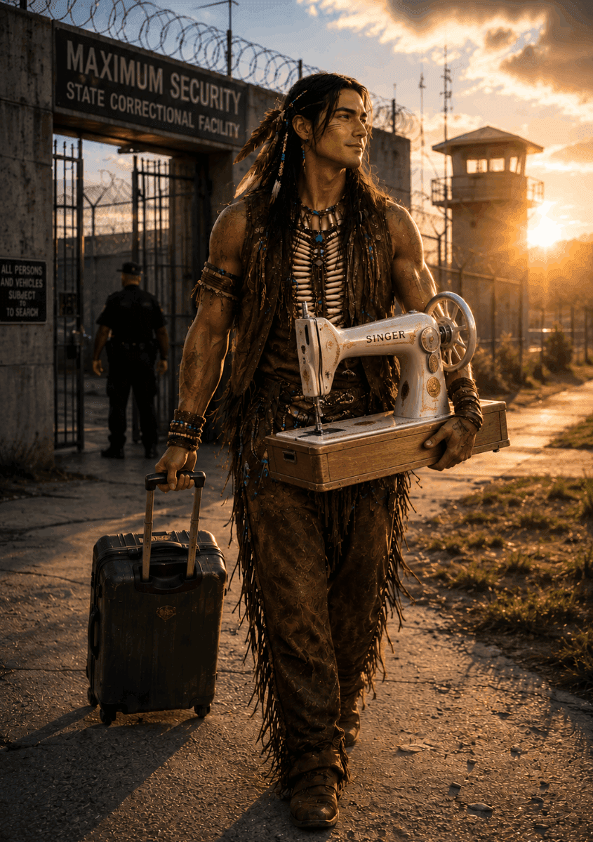 Roman Buffalo walking out of a maximum security prison at sunset, carrying a Singer sewing machine and a rolling suitcase.